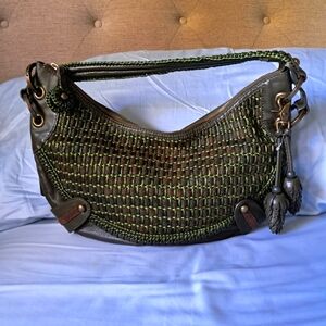 Isabella Fiore Large Green Woven Pine Cone Genuine Leather Hobo Handbag